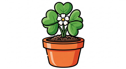 Fototapeta premium A cartoon four leaf clover plant with white flowers in a small orange terracotta pot on a plain background