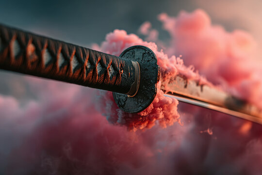 Close-up of a Japanese katana sword with tsuba against a background of red smoke
