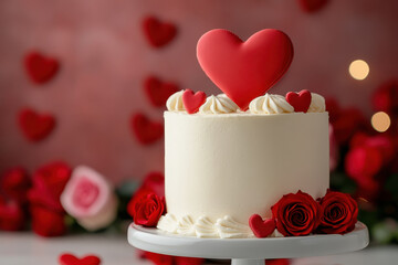 Heart cake dessert romance love valentine red white rose frosting create elegant celebration centerpiece with smooth buttercream and heart topper surrounded by fresh rose and soft bokeh light