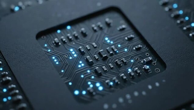Close-up of a computer chip with glowing blue lights, symbolizing advanced technology and digital innovation.
