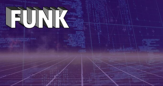Animation of funk text and data processing over black background