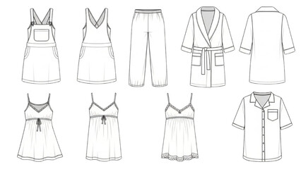 Collection of white clothing items including dresses shirts and pants illustrated in a minimalist style