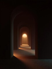 Naklejka premium Long, narrow corridor with arches on either side. the corridor is dimly lit, casting a warm glow on the floor and walls.