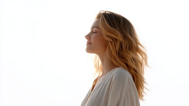 Profile of a serene young woman with long, wavy blonde hair, closing her eyes and taking a deep breath of fresh air, conveying a sense of tranquility and peace against a bright white background