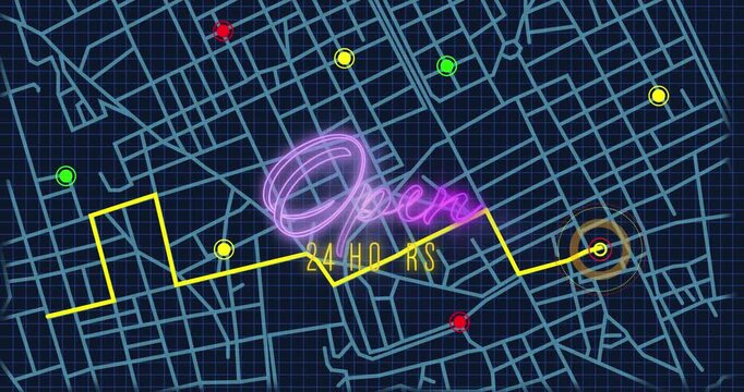 Animation of neon purple open 24 hours text banner over gps navigation map on blue background