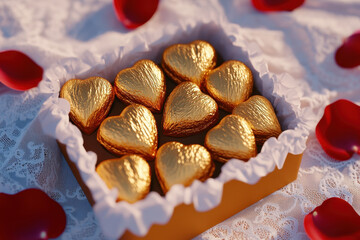 Heart chocolate gold foil box gift romance love dessert celebration golden heart candy nestled in lace paper with red rose petal, mood for valentine, wedding, anniversary surprise and affection