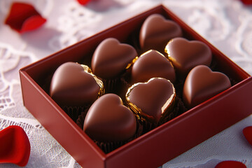 Chocolate heart candy dessert gift romance valentine box love sweet mood on lace table with red petal detail, elegant present for romantic celebration and anniversary surprise