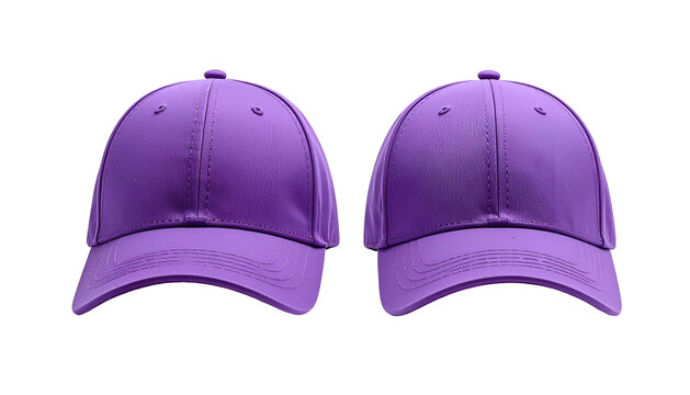 Two identical, vibrant purple baseball caps, front view, isolated against a black background