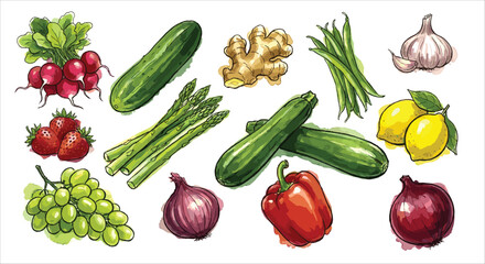 Hand-drawn watercolor vegetables and fruits illustration collection, isolated on white background © Duy