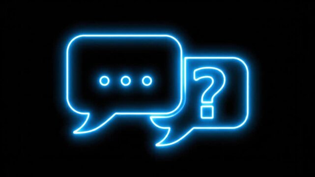 Neon blue glowing chat bubbles with question mark on black background