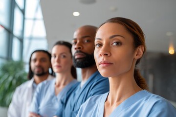 Fototapeta premium Diverse medical team: confident healthcare professionals united in hospital hallway