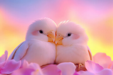 Pastel lovebird bird couple romance cuddle feather pet on soft pink petal with glowing sunset background, gentle light and dreamy color evoke tender affection and calm mood