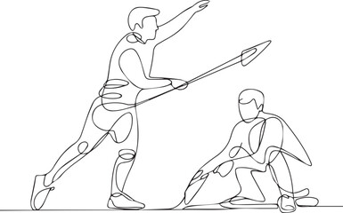 Naklejka premium Man preparing to spear opponent kneeling on ground in combat scene illustration