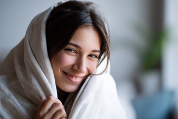 Fototapeta premium Smiling young caucasian female wrapped in cozy blanket indoors