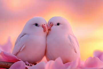 Pink bird couple love romance sunset cuddle parrot scene of two pastel bird sitting close together among soft flower petal, warm dreamy sky background creating tender affection mood