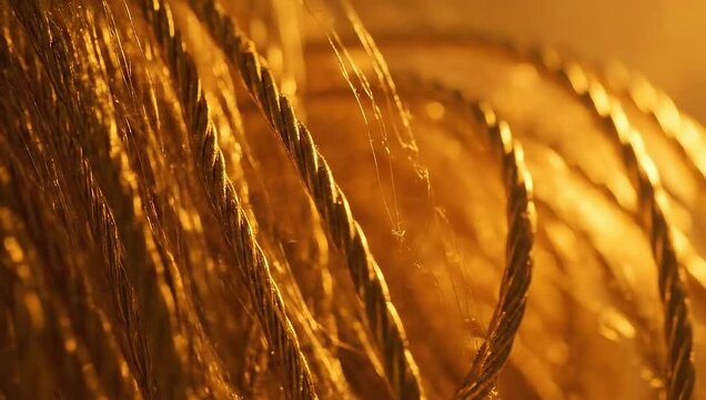 Close up of golden threads creating a textured background with warm light.