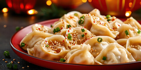 Dumpling Chinese food Asian cuisine sesame chili scallion appetizer holiday plate of juicy dumpling with spicy sauce sesame seed green onion warm festive bokeh light cozy celebration mood