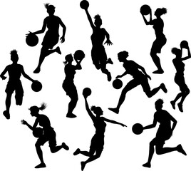 Fototapeta premium Silhouettes of women female basketball players in action. Set of dynamic poses including dribbling, shooting, and dunking. Ideal for sports graphics, design, or educational use.