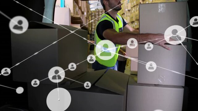 Animation of connected profile icons over caucasian coworkers loading boxes in van at warehouse