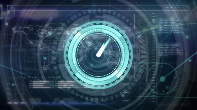 Animation of digital clock over connected dots, map, loading bars against abstract background