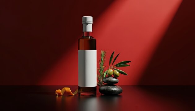 Brown Glass Syrup Bottle on Red Background