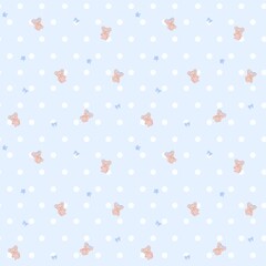 Pastel Blue Soft & Dreamy Teddy Bear with White Polka Dots and Bows Kawaii Hand-drawn Illustration Seamless Pattern Background