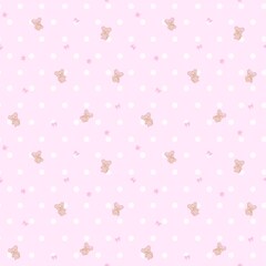 Pastel Pink Soft Dreamy Teddy Bear with White Polka Dots and Tiny Bows Hand Drawn Illustration Seamless Pattern Background