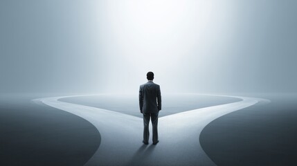 Businessman standing at a crossroads making a difficult career decision or life choice.