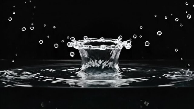 Water droplet collision creates a crown shape against a dark background, showcasing liquid dynamics.