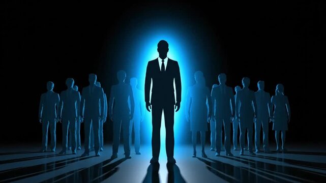 Confident businessman standing out from the crowd in modern blue lit environment