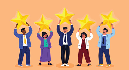 Diverse group of people holding up bright yellow stars in celebration