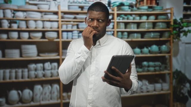 Man biting fingernails while holding tablet and reading its screen amid pottery shelves in a ceramics studio; anxiety doubt decision.