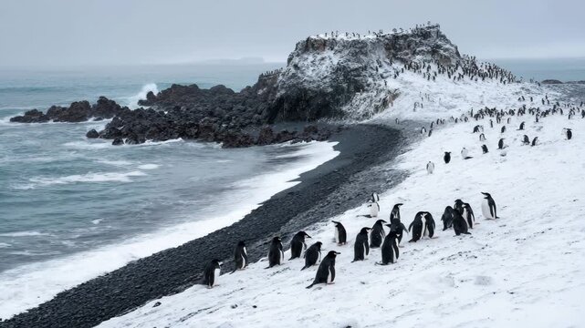 4K Chinstrap penguin colony on a snowy antarctic beach with rocky shore and ocean waves under an overcast sky video