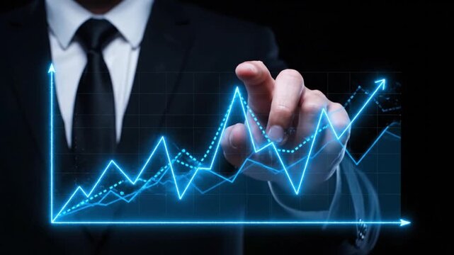 Businessman presenting rising financial graph with glowing blue chart