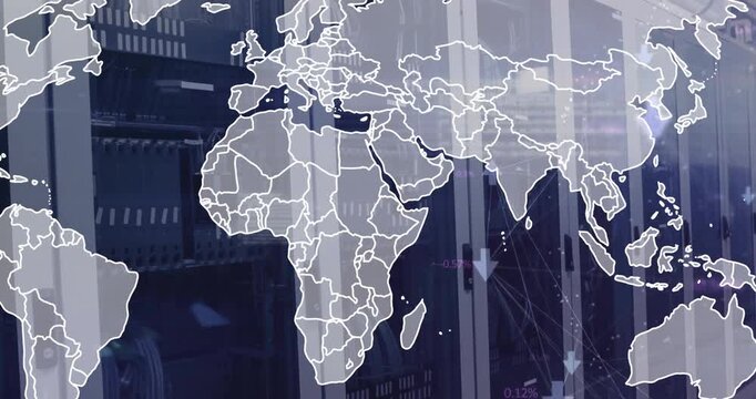 Animation of world map and arrows over server room