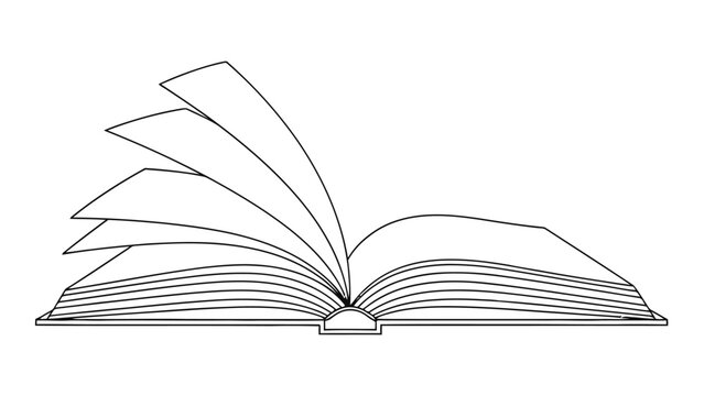 An open book with pages fanned out depicted as a simple black and white line drawing