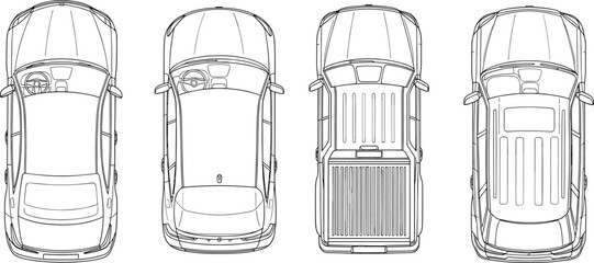 Top view car blueprint, vehicle CAD drawing, pickup truck outline, automotive technical plan, flat vector line illustration © Itz Julfikar Here