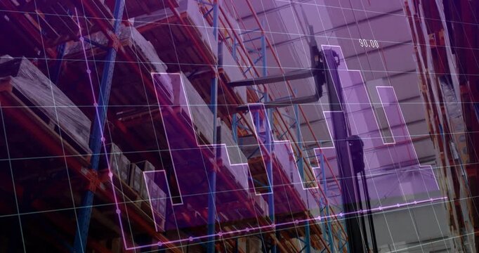 Animation of financial data processing over lift truck in warehouse