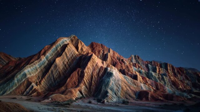 4K Majestic zhangye danxia rainbow mountains under a breathtaking starry night sky, showcasing vibrant geological layers and natural beauty video