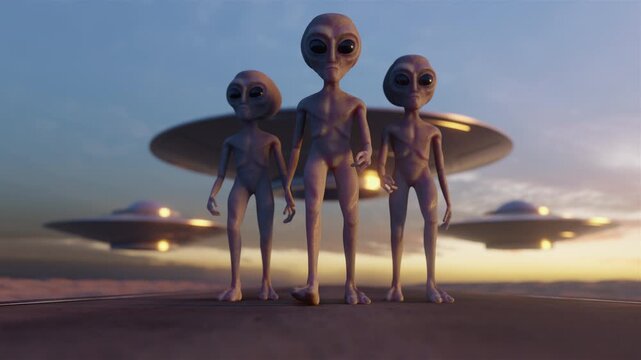 Dynamic sci-fi contact loop with cosmic creatures and dramatic evening sky for music festivals