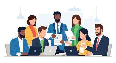 Diverse business team collaborating with laptops and documents in meeting