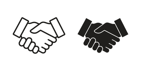 Obraz premium Handshake icon set in outline and solid black styles representing business agreement partnership cooperation and trust with clasped hands symbolising deal closure and handshake concept