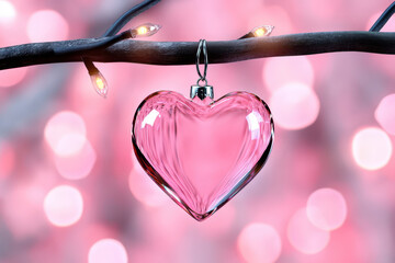Heart glass pink ornament pendant love romance light bokeh decoration hanging from twig with glowing light, delicate transparent crystal shape symbol of affection and passion against background