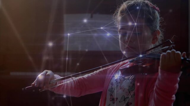 school-age music student raising violin bowing strings with network lines practicing precision