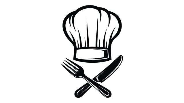 A black and white illustration of a chef s hat with crossed fork and knife
