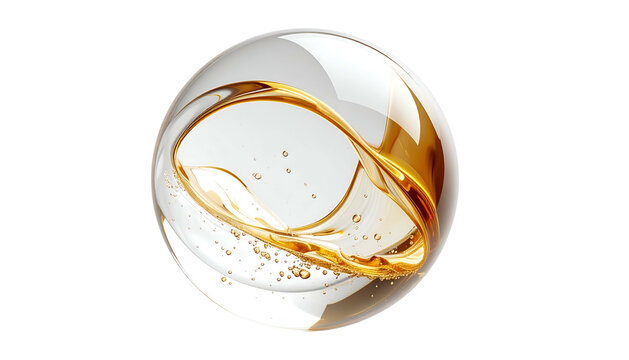 Sphere shows fluid within, with golden flow, tiny bubbles, on a stark black background