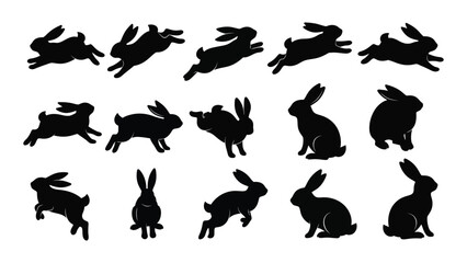 A collection of black silhouettes depicting rabbits in various jumping and sitting poses © MDSAEEM