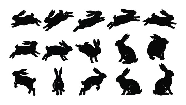 A collection of black silhouettes depicting rabbits in various jumping and sitting poses