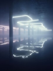 Fototapeta premium Digital art piece that appears to be a photograph of a long exposure shot of a pier at night.