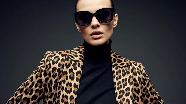 Confident leopard print fashion model striking bold poses with sunglasses in studio